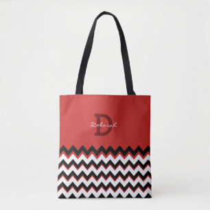 Tote Bag rayures de chevron noir + nom sur rouge