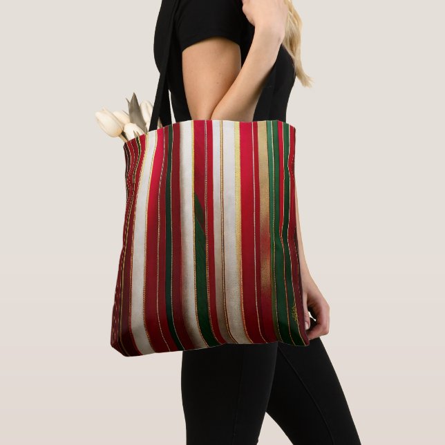 Tote Bag Rayures de Couleurs de Noël Rouge Vert Blanc Or (De près)