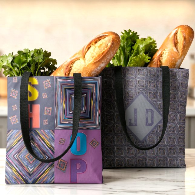 Tote Bag Rayures Et Diamants Monogramme Coloré (Shopping but make it wacky. Bright illustrated patterns, bold colors, and your initials. )