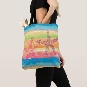 Tote Bag Rayures et étoiles de mer aquarelles colorées