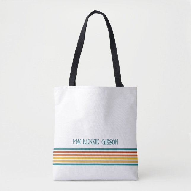 Tote Bag Rayures minimalistes monogrammées rétro (Devant)