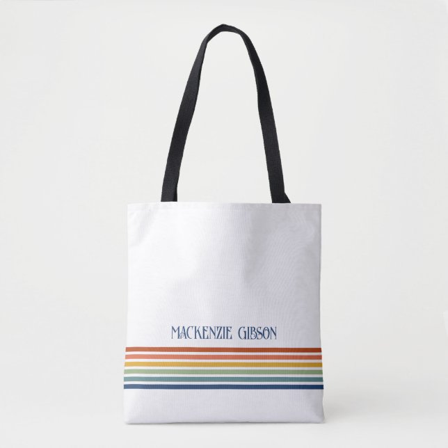 Tote Bag Rayures minimalistes monogrammées rétro (Devant)