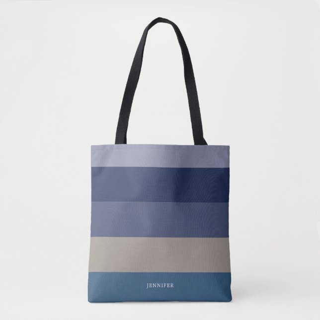 Tote Bag Rayures Modernes avec Monogramme Teintes de Bleu (Devant)