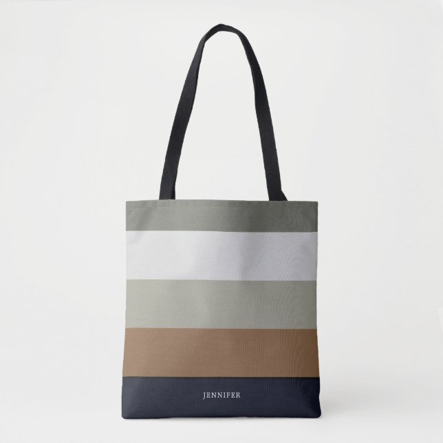 Tote Bag Rayures Modernes avec Monogramme Terreux (Devant)