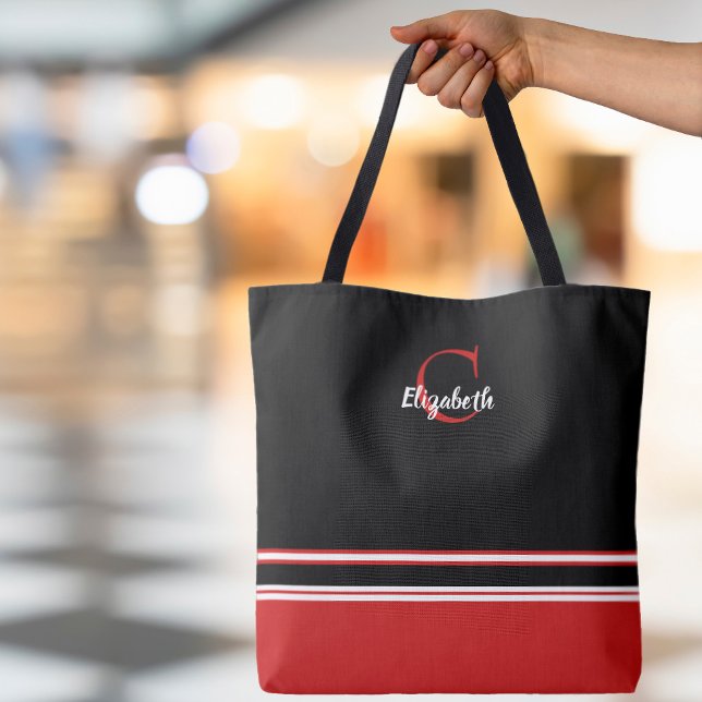 Tote Bag Rayures Monogramme Moderne Noir Rouge (Créateur téléchargé)