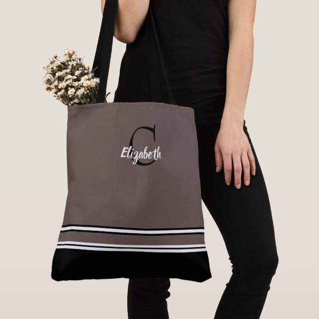 Tote Bag Rayures Monogramme Moderne Noir Taupe (De près)