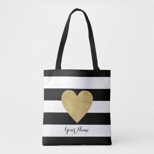 Tote Bag Rayures noires et blanches avec le coeur de (Devant)