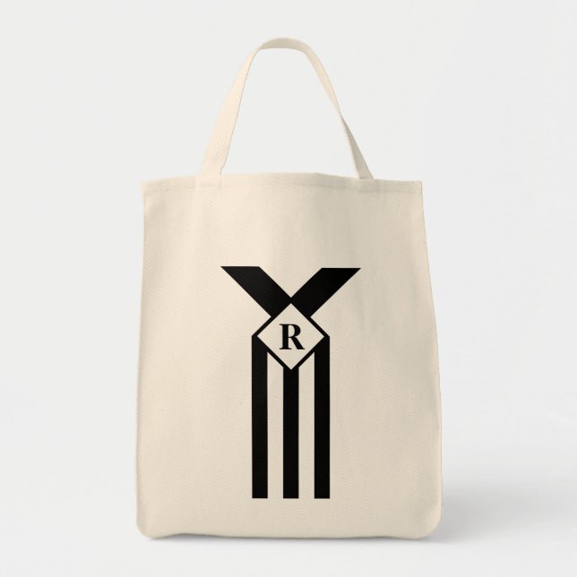 Tote Bag Rayures noires et chevrons avec monogramme sur fon (Devant)