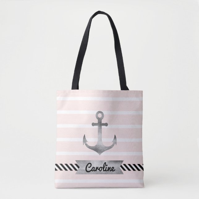 Tote Bag Rayures roses eau personnalisées avec ancre aquare (Devant)