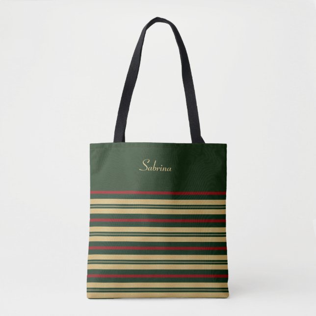 Tote Bag Rayures vertes or et rouges de Noël (Devant)