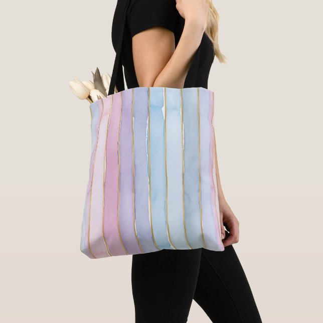Tote Bag Rayures verticales aquarelles bleus violets roses (De près)