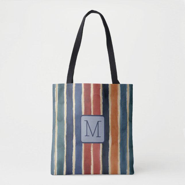 Tote Bag Rayures verticales bloc de couleur marine Monogram (Devant)
