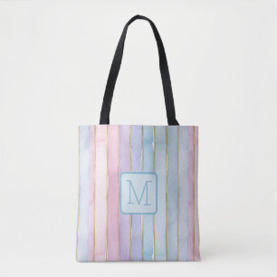 Tote Bag Rayures verticales bloc de couleur monogramme bleu