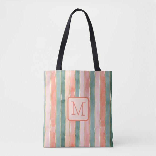 Tote Bag Rayures verticales bloc de couleur pêche Monogramm (Devant)
