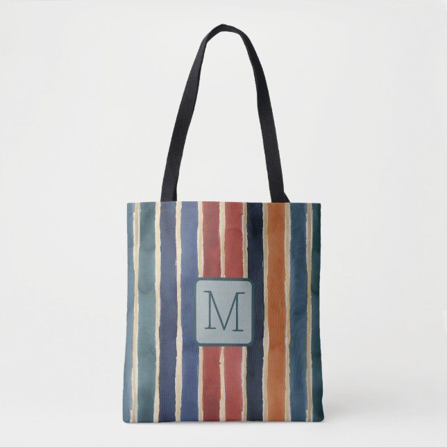 Tote Bag Rayures verticales bloc de couleur sarcelle Monogr (Devant)