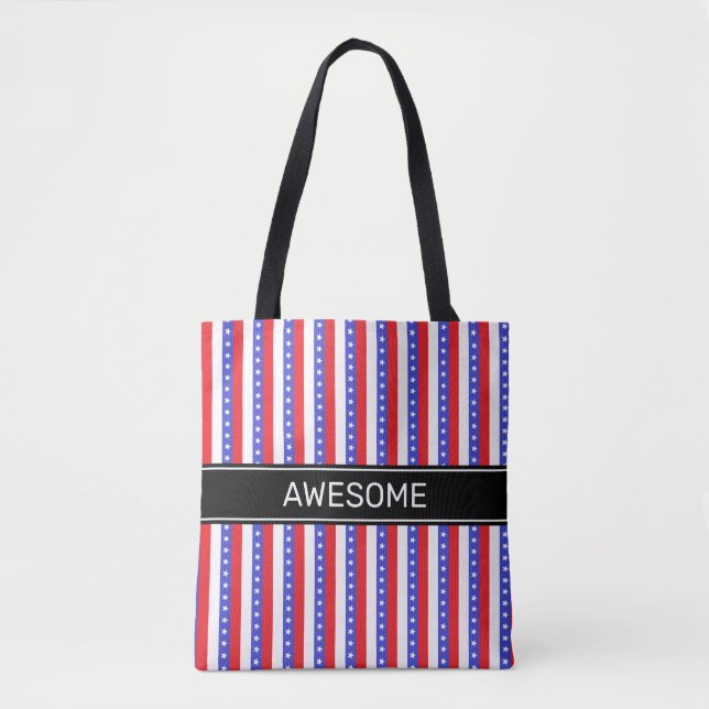 Tote Bag Rayures verticales élégantes bleues rouges blanche (Devant)