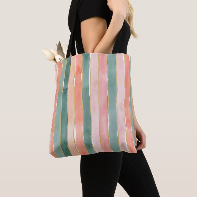 Tote Bag Rayures verticales larges aquarelles sarcelle pêch (De près)
