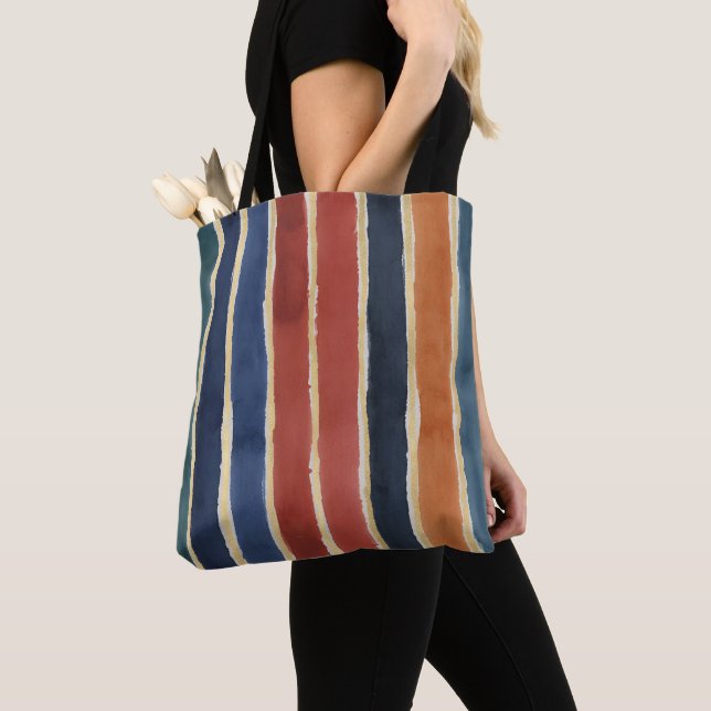 Tote Bag Rayures verticales Teintes de brique rouille sarce (De près)