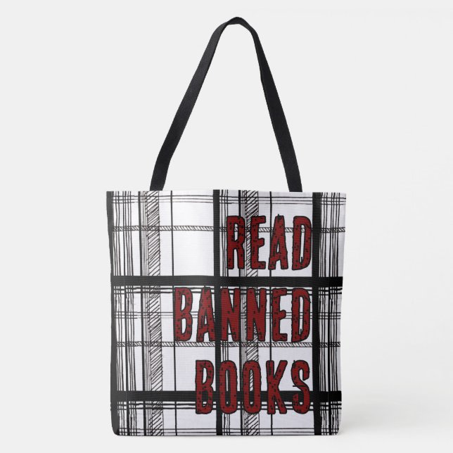 Tote Bag Read Banned Books Hand Drawn Plaid (Devant)