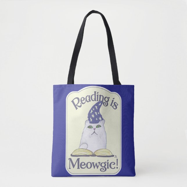Tote Bag  Reading is Magical Cat Fun Bookworm Slogan (Devant)