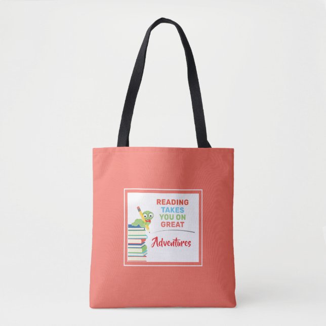 Tote Bag Reading Take You on Great Aventures Bookworm (Devant)