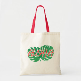 Tote Bag Red Aloha Green Monstera Plante Feuilles Tropical
