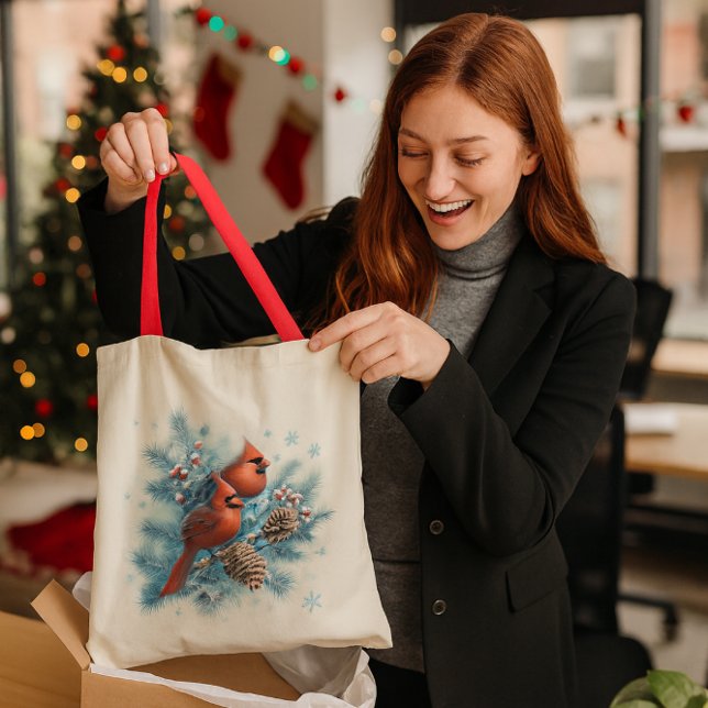 Tote Bag Red Bird & Pine Holiday Nature  (Festive cardinal tote bag with pinecones perfect holiday gift for nature lovers and coworkers.)