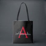 Tote Bag Red Black Girl Script Monogramme Nom Moderne<br><div class="desc">Black and Red Elegant Ajoutez votre propre nom Monogram Book Bag. Ce sac de livre peut être customisé pour inclure votre nom initial et prénom et donné comme cadeau pour Noël,  Sweet 16 Anniversaire,  Fête des mariées ou Mariage.</div>
