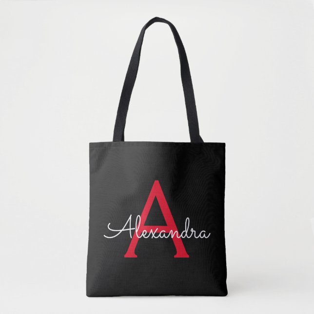 Tote Bag Red Black Girl Script Monogramme Nom Moderne (Devant)