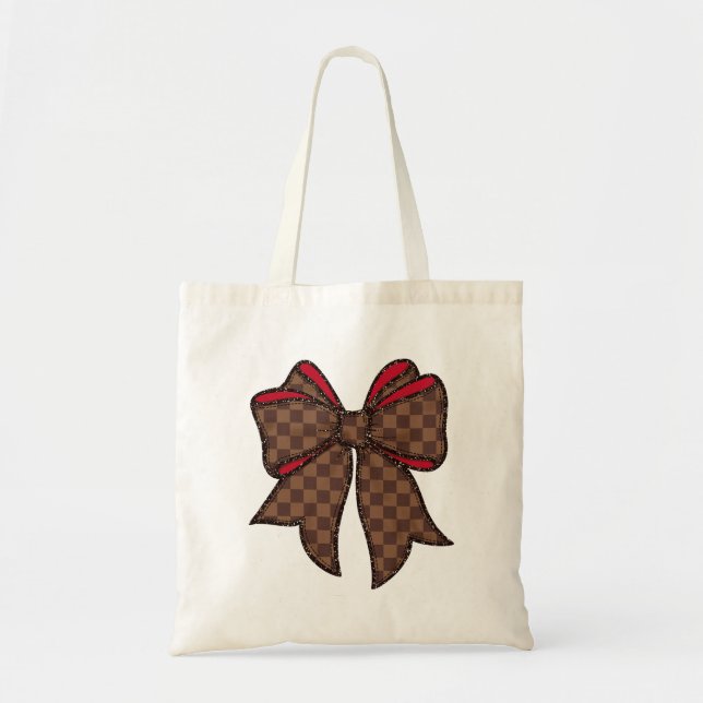 Tote Bag Red + Brown Checkered + Faux Glitter Bow (Devant)
