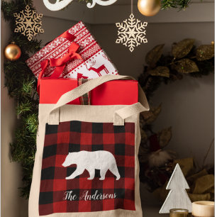 Tote Bag Red Buffalo Plaid & Bear   Nom personnel Cadeau