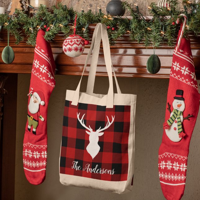 Tote Bag Red Buffalo Plaid & Deer | Nom personnel Cadeau (Créateur téléchargé)