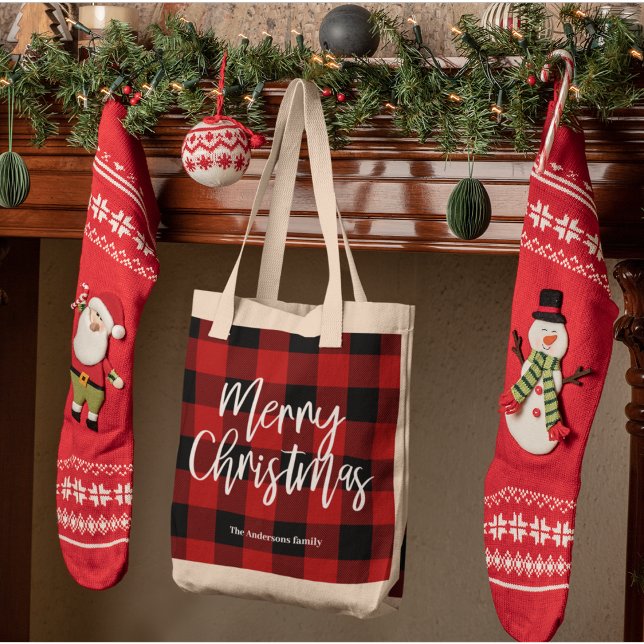 Tote Bag Red Buffalo Plaid & Joyeux Noël |Nom personnel (Créateur téléchargé)