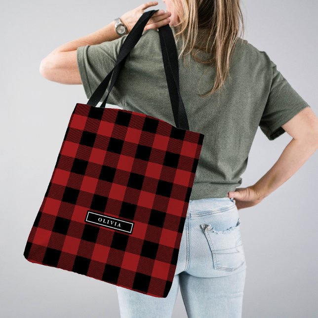 Tote Bag Red Buffalo Plaid Motif Monogramme Bridesmaid (Créateur téléchargé)