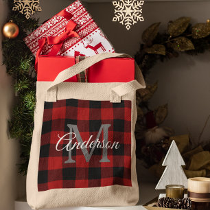 Tote Bag Red Buffalo Plaid   Personal Initial   Gift