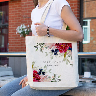 Tote Bag Red Burgundy Blush Blue Floral Bunch Bridesmaid