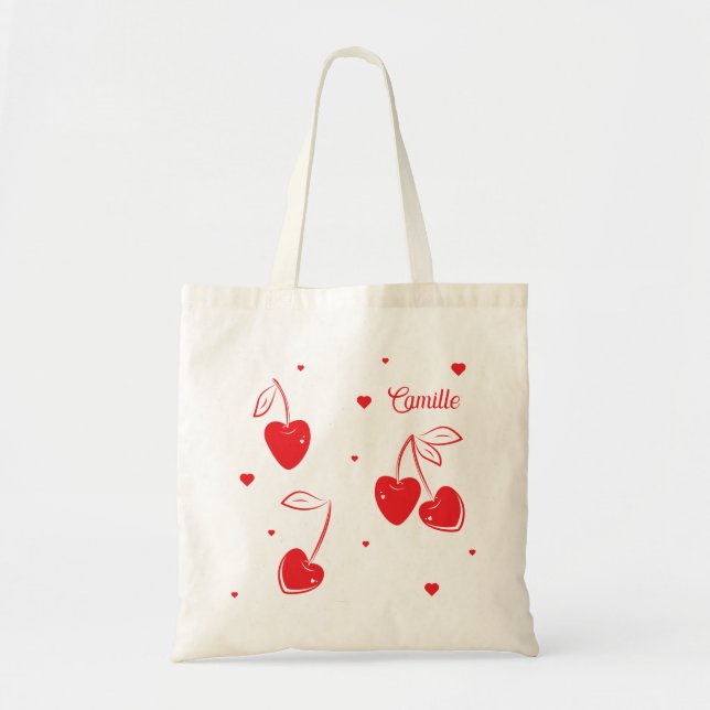 Tote Bag Red Cherry Hearts Whimsical Met Nom de forme (Devant)