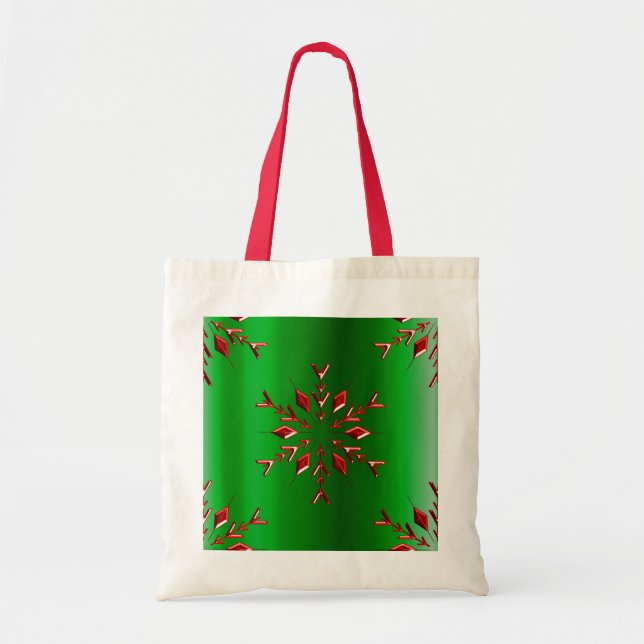 Tote Bag Red Christmas Stars on Green (Devant)