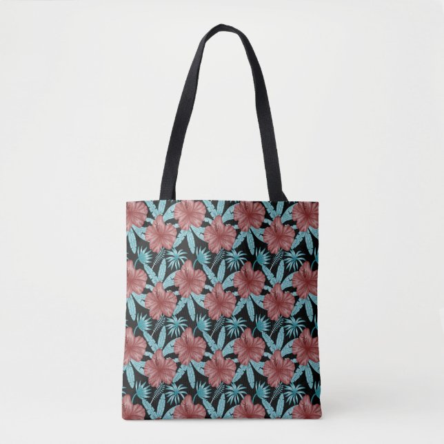 Tote Bag Red flowers tropical seamless pattern &blue leaves (Devant)