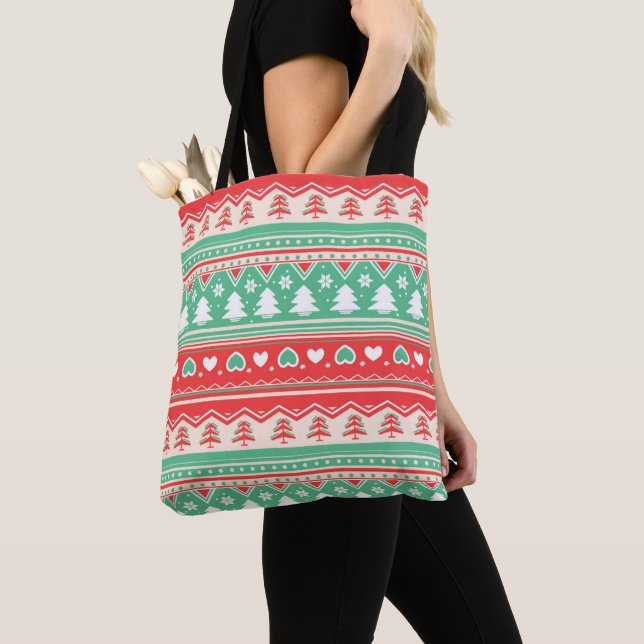 Tote Bag Red & Green Christmas Tree Love - Festive Holiday (De près)