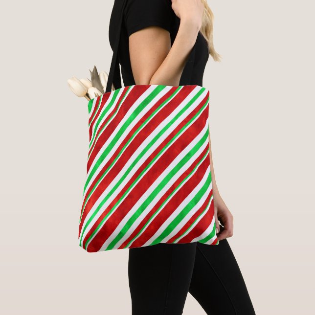 Tote Bag Red Green Watercolor Candy Cane Stripes 2 (De près)