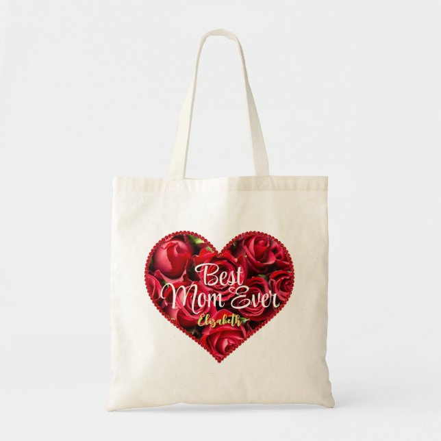 Tote Bag Red Heart Script Meilleure Maman Jour des mères fl (Devant)