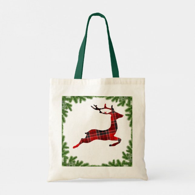 Tote Bag Red Plaid Reindeer Fête de Noël colorée (Dos)