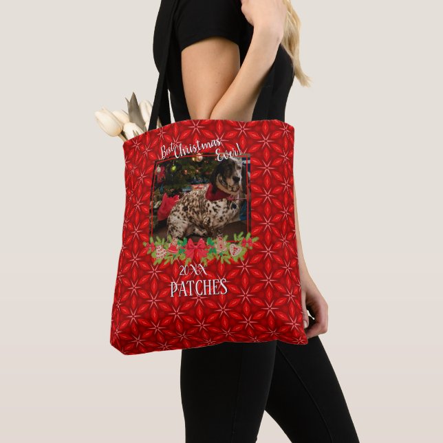 Tote Bag Red Poinsettias Pet Photo Meilleur Noël Jamais (De près)