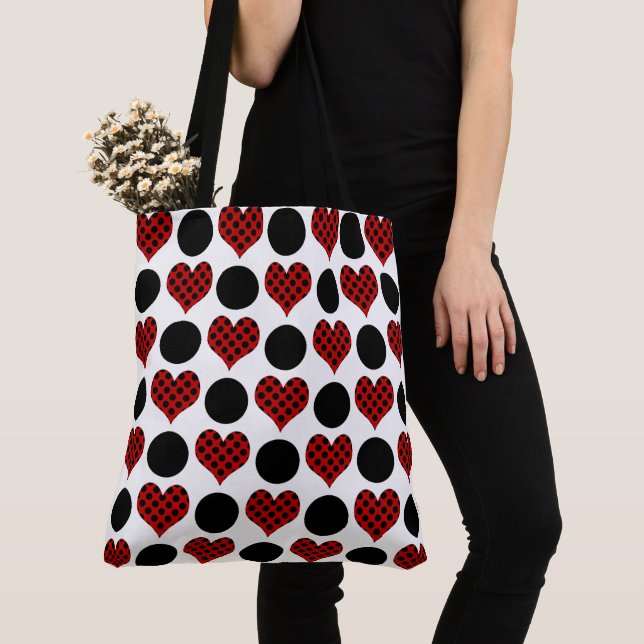 Tote Bag Red Polka Dot Hearts et Black Circles Motif (De près)