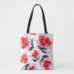 Tote Bag Red Poppy sur un arrière - plan blanc à rayures gr