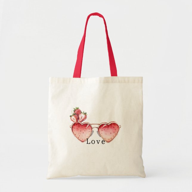 Tote Bag Red Strawberry Heart Colored Glasses (Devant)