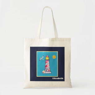 Tote Bag Red Striped Watercolor Lighthouse Personalized