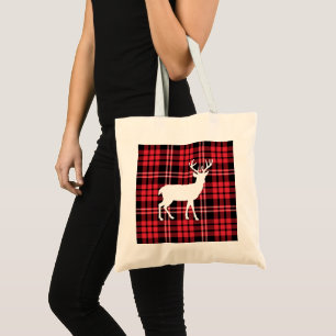 Tote Bag Red Tartan Plaid Motif Blanc Noël Cerf Stade