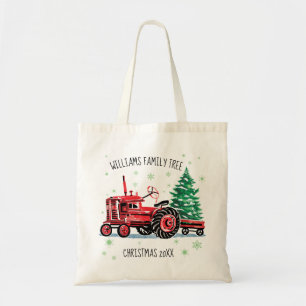 Tote Bag Red Vintage Tracteur Christmas Tree Ajouter un nom